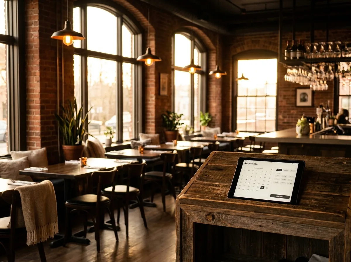 Restaurant mit Tischen und einem Tablet für Reservierungen
