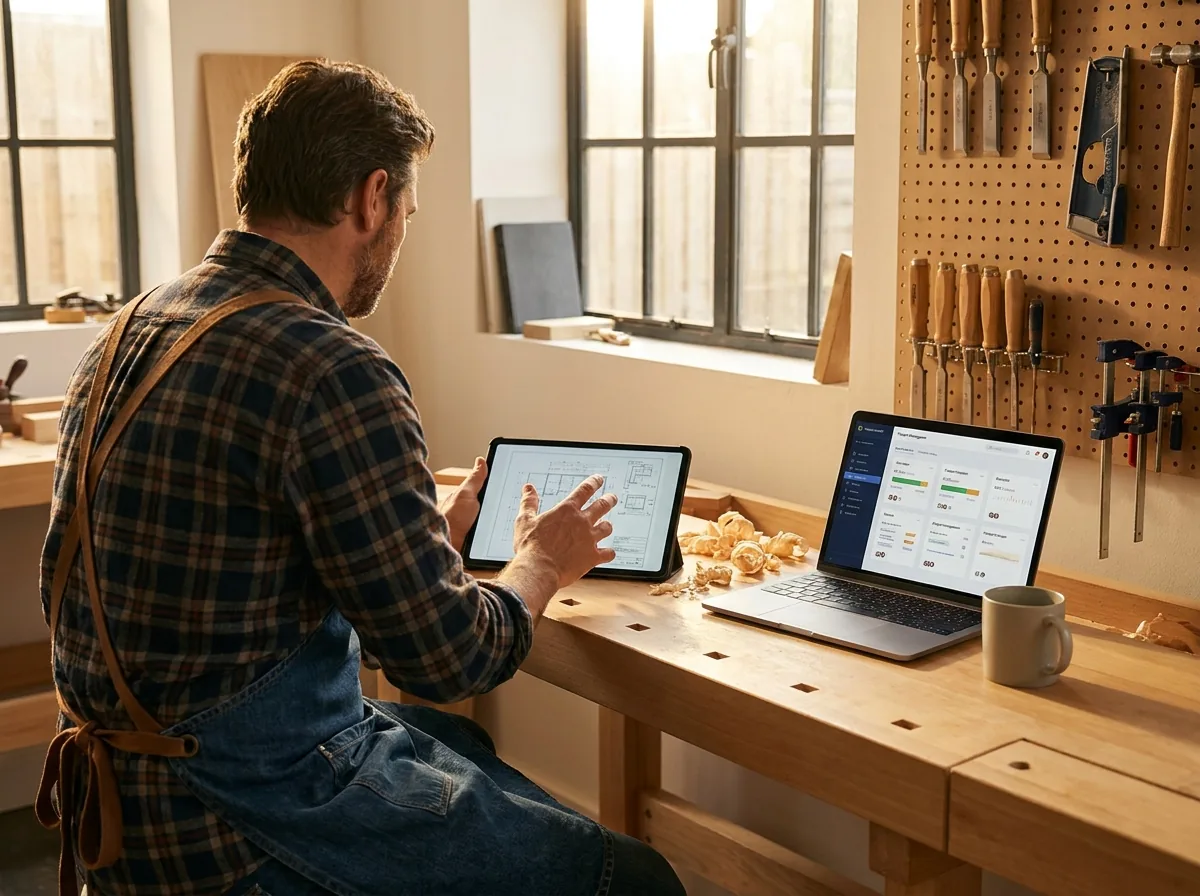 Handwerker arbeitet an der Werkbank und nutzt Laptop und Tablet