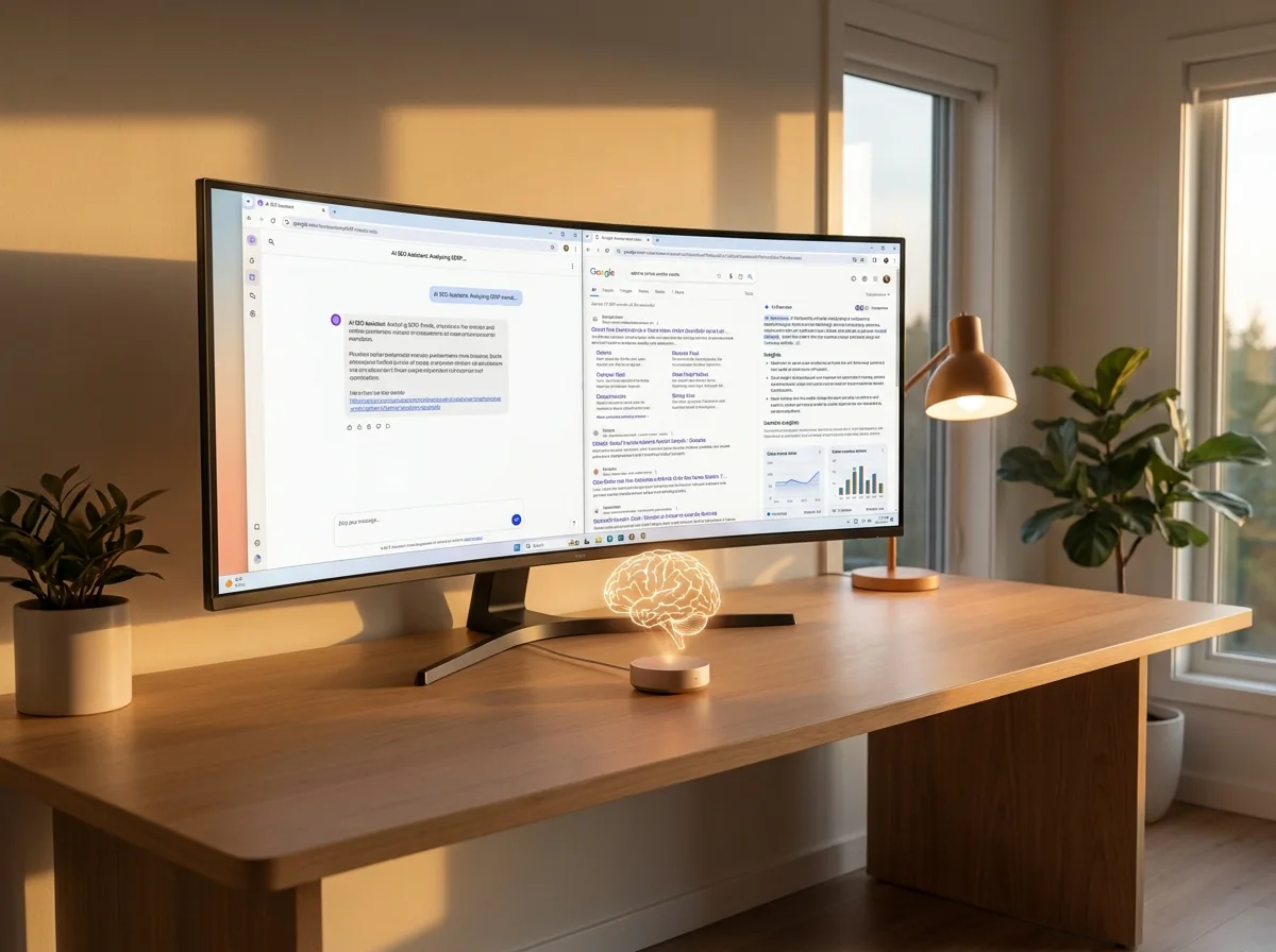 Arbeitsplatz mit Breitbildmonitor zur Auswertung von KI-Antworten